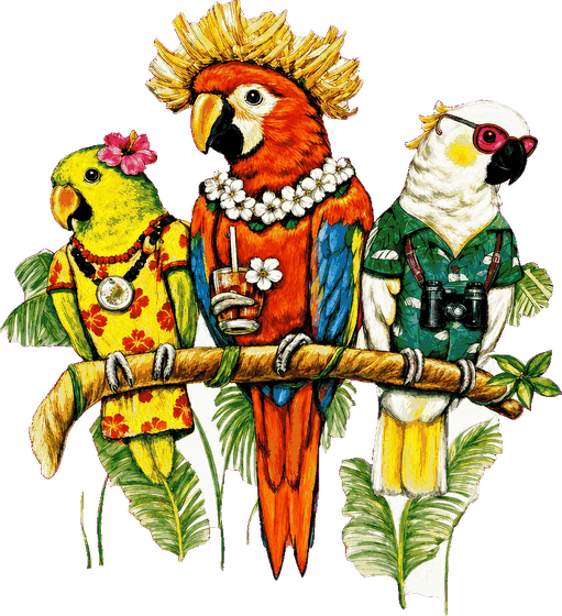 Three parrots in Hawaiian shirts &mdash; the Sunshines Catering emblem